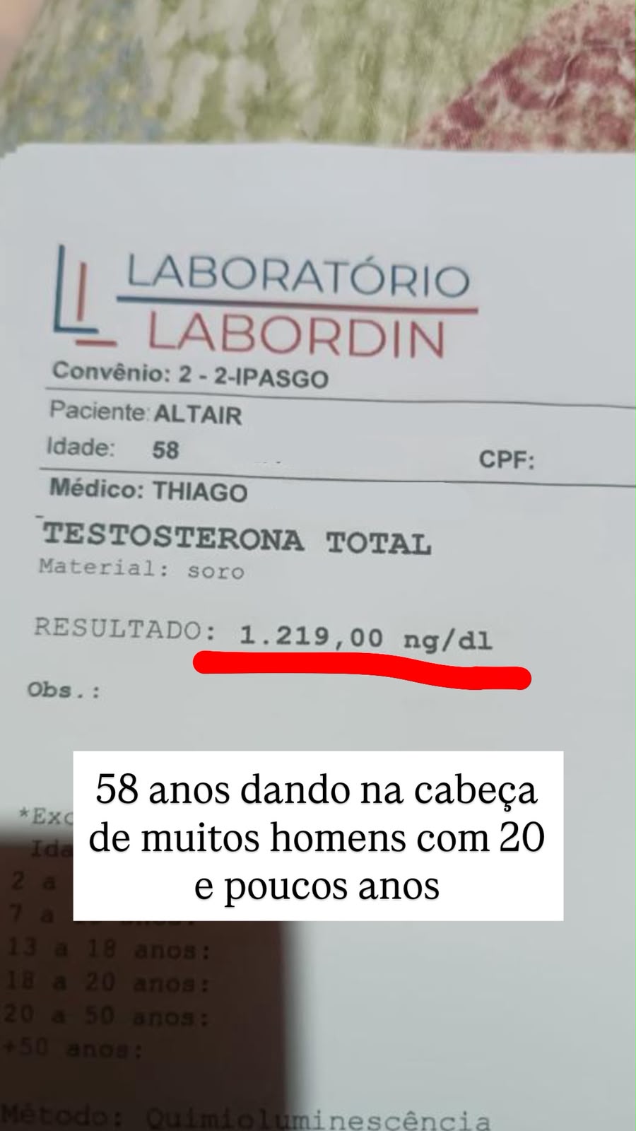 Exame de testosterona — Altair · 58 anos